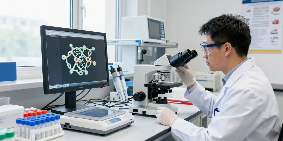 Scientist reviewing SwissChems Peptide samples in a high-tech laboratory environment.