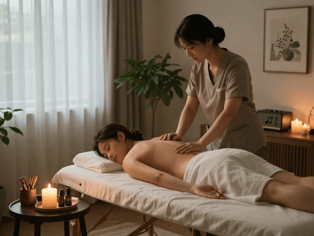 출장마사지 therapy session in a serene home environment with essential oils and soft lighting.
