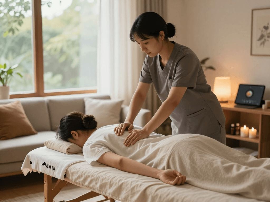 출장마사지 session taking place in a serene home setting with a professional therapist and cozy decor.