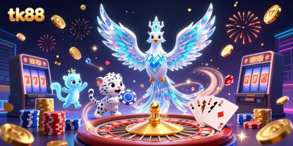 Engage in thrilling casino action with tk88, featuring an ice phoenix and vibrant gaming elements.