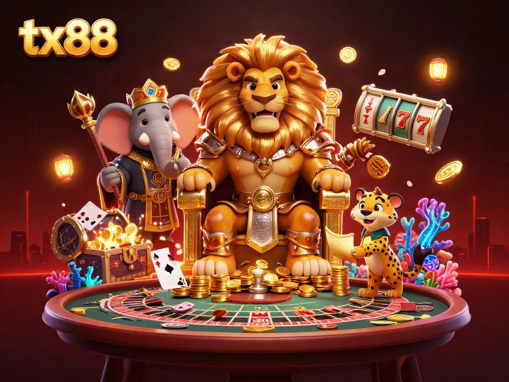 Experience exciting gambling action at tx88 featuring a cartoon lion king, elephant, and cheetah amidst dynamic casino elements.