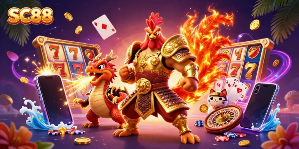 Experience the SC88 action with a fierce cartoon rooster warrior and dragon in a vibrant casino scene.