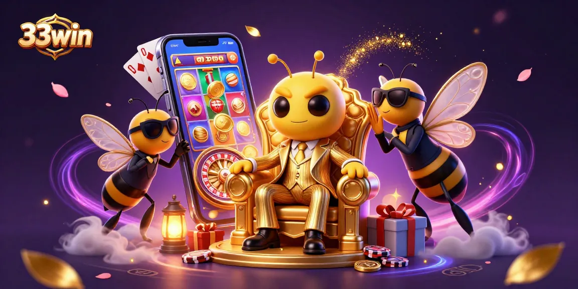 33win brings excitement with vibrant 3D illustration of a mob boss and casino elements for an engaging gaming experience.