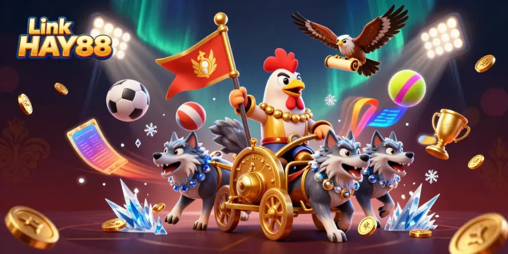 Experience the thrill of Link HAY88 with a dynamic 3D illustration showcasing a rooster warlord and sports elements.