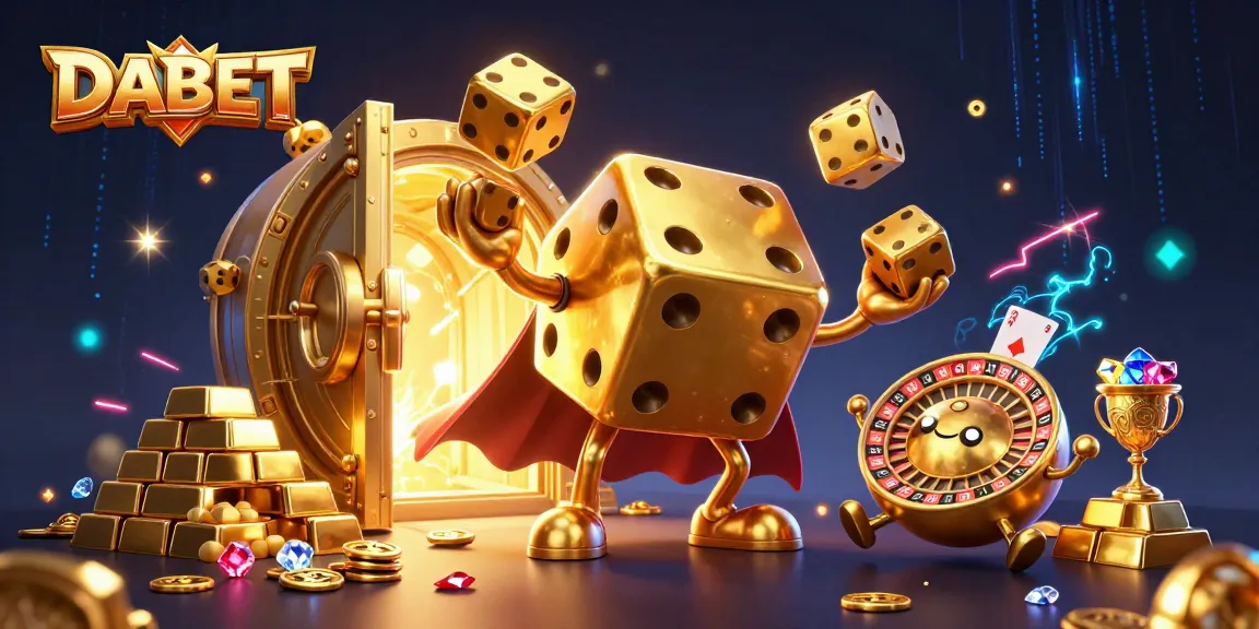 DABET showcases a dynamic casino scene with a golden dice golem and treasure elements in 3D.