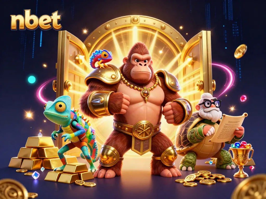 Engaging scene with nbet's gorilla mascot, treasures, and gambling elements promoting fun and strategy.