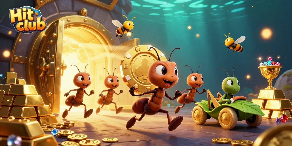 Hit club adventure showcasing ants heisting a giant poker chip amidst sparkling treasures.