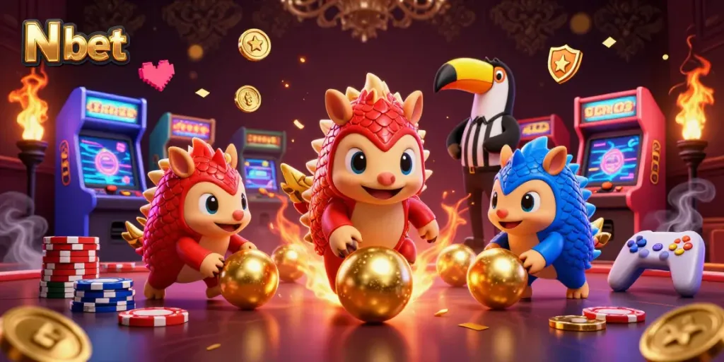 N bet: Enjoy a thrilling game as rival pangolins bowl through poker chips in a vibrant casino scene.