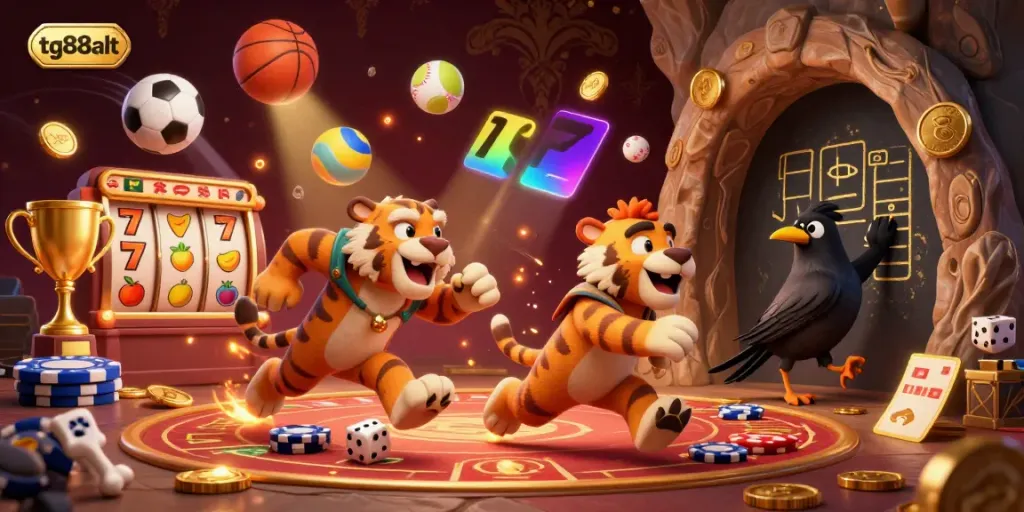 Engage in thrilling gaming action with tg88alt's vibrant casino atmosphere featuring lively characters.