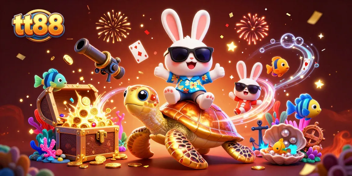 Engage with gaming excitement at tt88, featuring vibrant 3D cartoon characters celebrating underwater treasures.