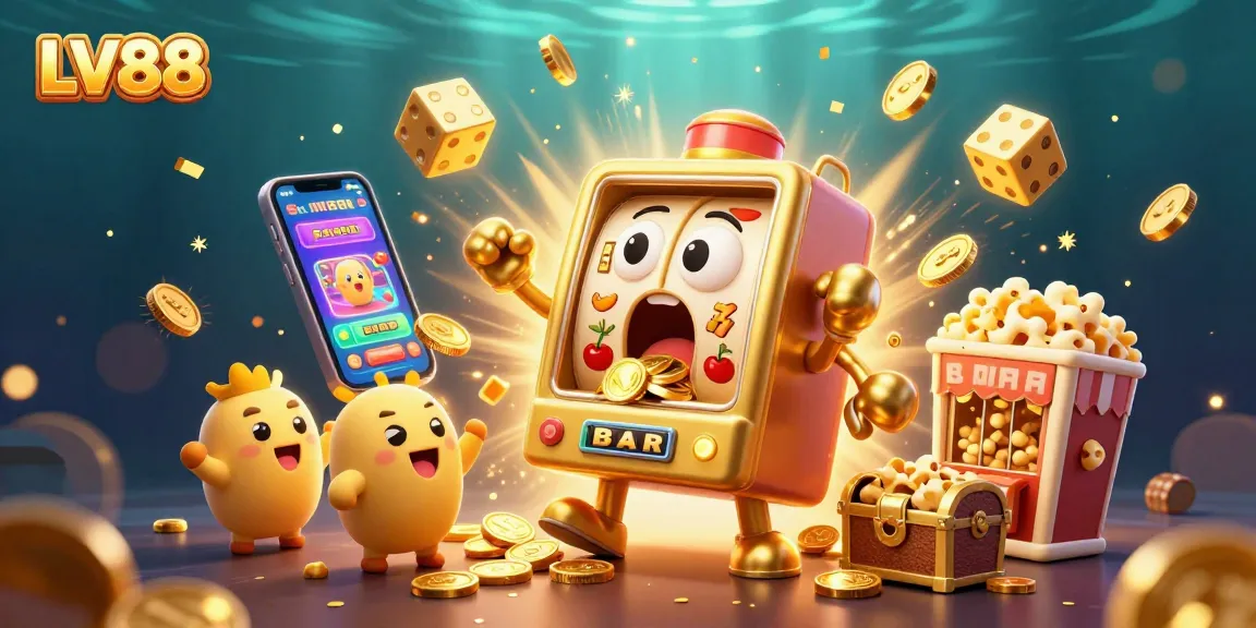Win big with LV88 at this exciting online casino scene featuring golden slot machines