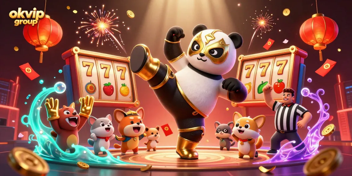 Join the excitement at okvip group with a dynamic scene featuring a wrestling panda amidst vibrant casino elements.