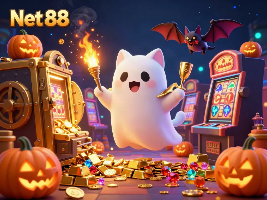 Spin winning slots at Net 88's vibrant casino, featuring ghostly fun and glowing treasures.