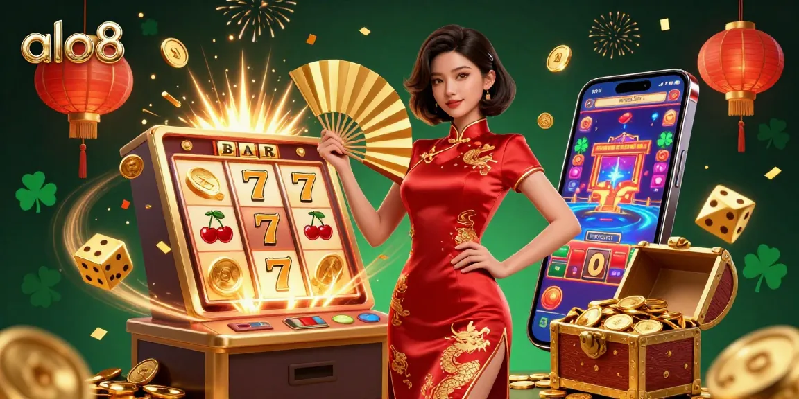 Engage in thrilling games at alo8 with vibrant slot machines, gold coins, and festive atmosphere.