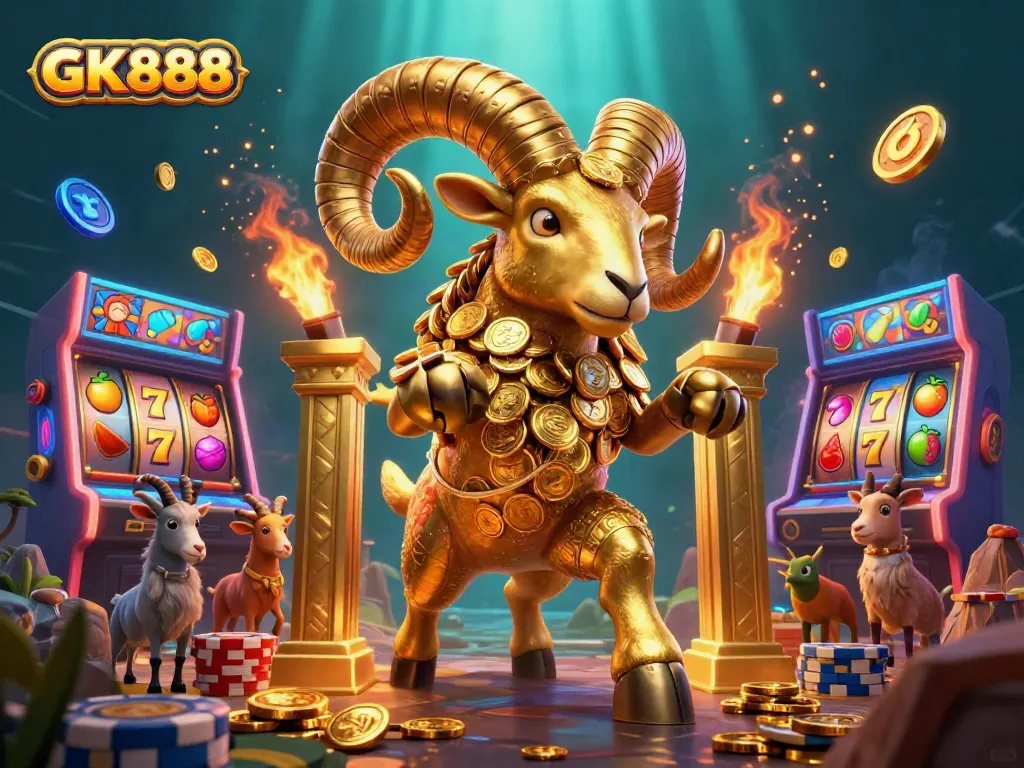 Engage with GK888's thrilling golden ram charging through a vibrant casino atmosphere.