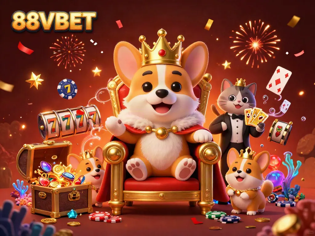 88VBET promotions showcasing a royal corgi on a throne of poker chips, focusing on exciting slot reels