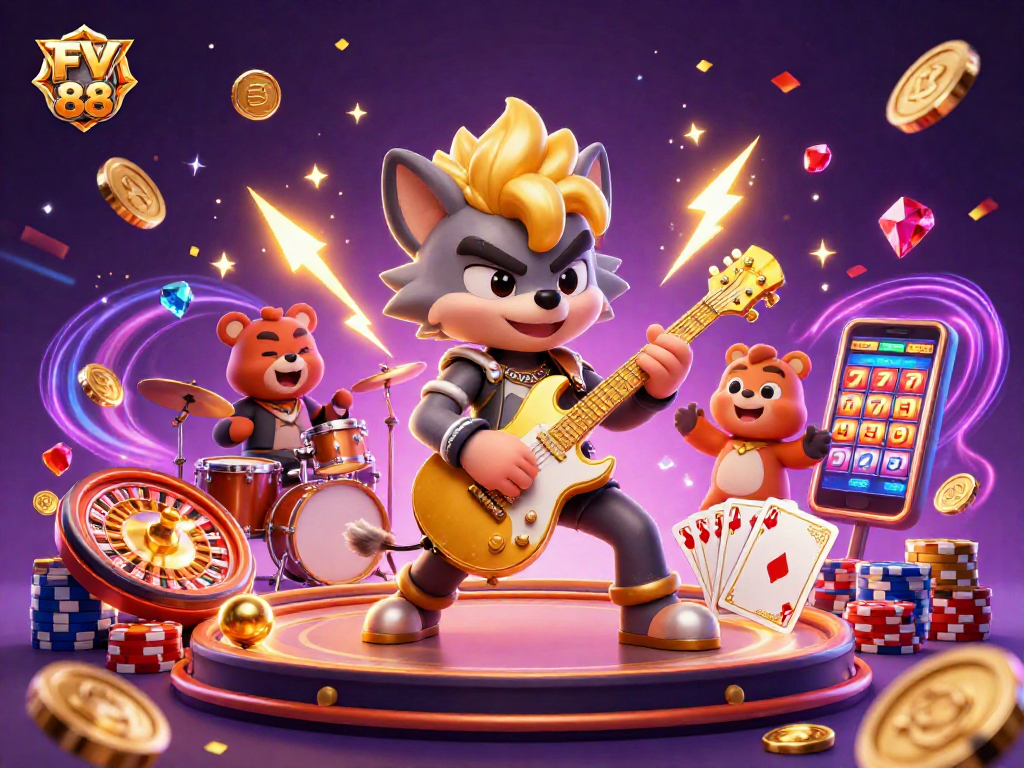 Experience the thrill of FV 88's casino stage with a rock star wolf, golden coins, and jackpot action!