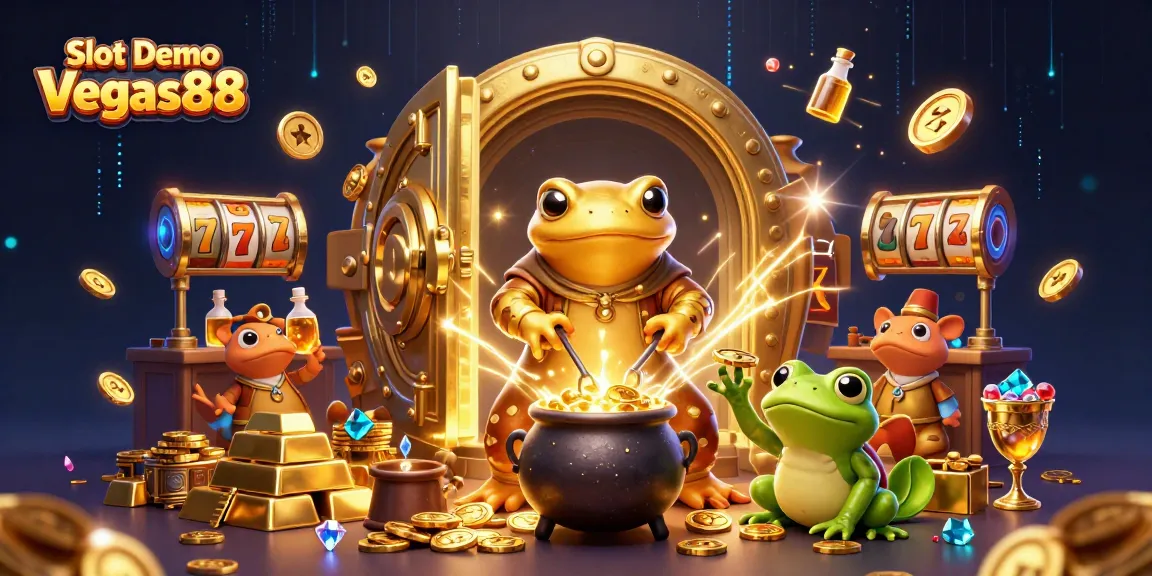 Experience Slot Demo Vegas88 with a captivating 3D illustration of alchemy and treasure in a casino setting.