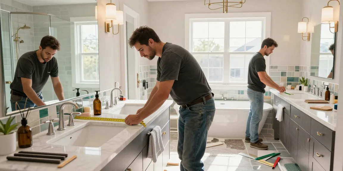 Bathroom Remodeling San Jose showcasing contractor installing modern fixtures and elegant marble countertops in a stylish home.