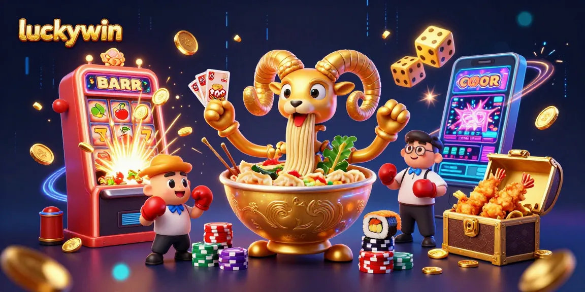 Engage with luckywin's thrilling casino experience through a vibrant illustration featuring dynamic characters and explosive game elements.