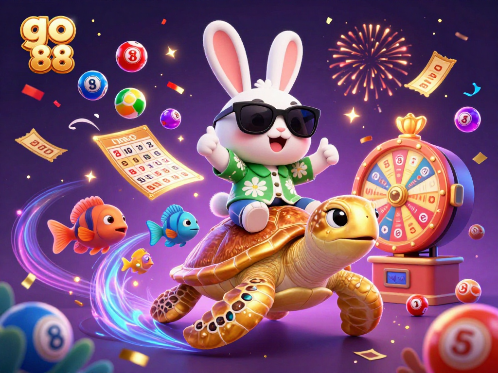 Join the fun at go 88 with our lucky rabbit and golden turtle in a vibrant casino scene!