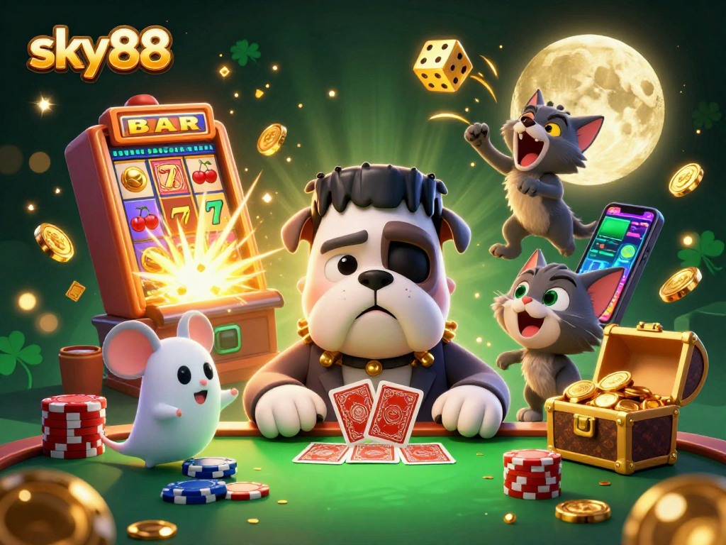 Engage with sky88's thrilling gameplay featuring lively characters and vibrant casino elements.