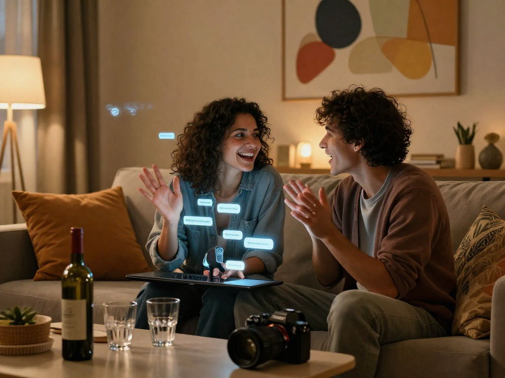 Couple enjoying playful sex ai chat in a cozy home environment with warm lighting.