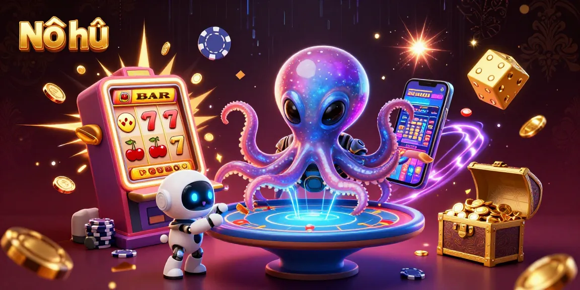 Nổ hũ gameplay showcasing an alien octopus and a tiny robot at a holographic poker table, bursting with casino excitement.