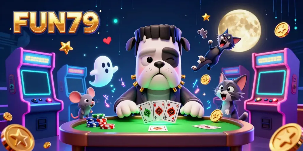 Experience excitement at FUN79 with a lively cartoon casino scene featuring unique characters and vibrant game elements.