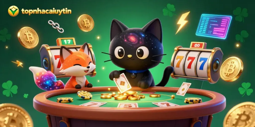 Experience the cosmic charm of topnhacaiuytin as a black hole cat magically draws in chips and cards at a vibrant casino.