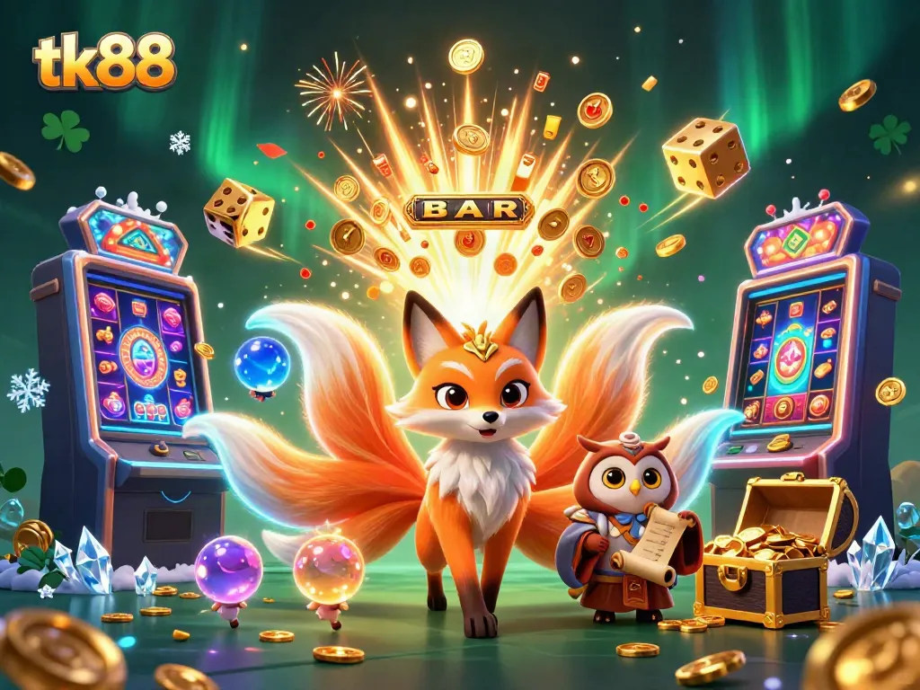 Experience excitement at tk88 with a vibrant scene showcasing a magical fox spirit, owl sage, and thrilling casino elements.