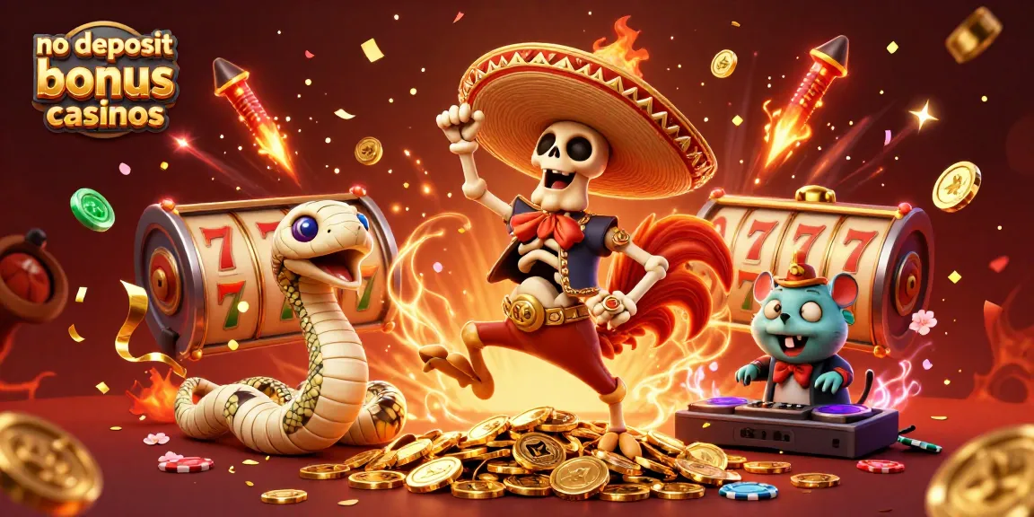 No deposit bonus casinos scene featuring lively characters and casino elements celebrating with slots and confetti.