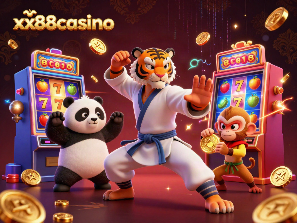 Engaging scene depicting xx88casino with a kung fu tiger master, panda disciple, and monkey student among vibrant slot machines.