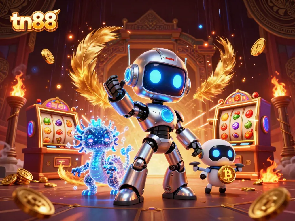 Engage in slot fun with tn88 featuring a cyberpunk robot, holographic dragon, and bitcoin drone