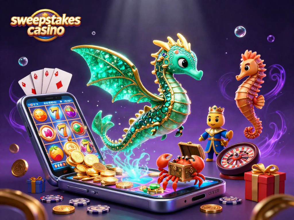 Engage with sweepstakes casino magic through a vibrant underwater scene with a sea dragon and gaming elements.