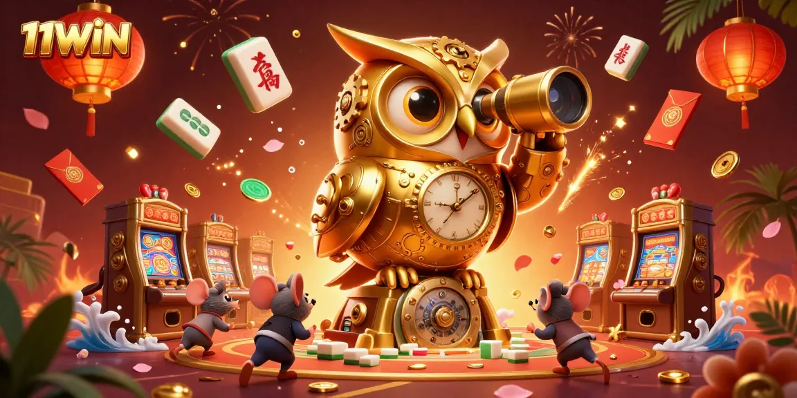 Experience the excitement of 11WIN with a vibrant 3D casino scene featuring a whimsical clockwork owl.