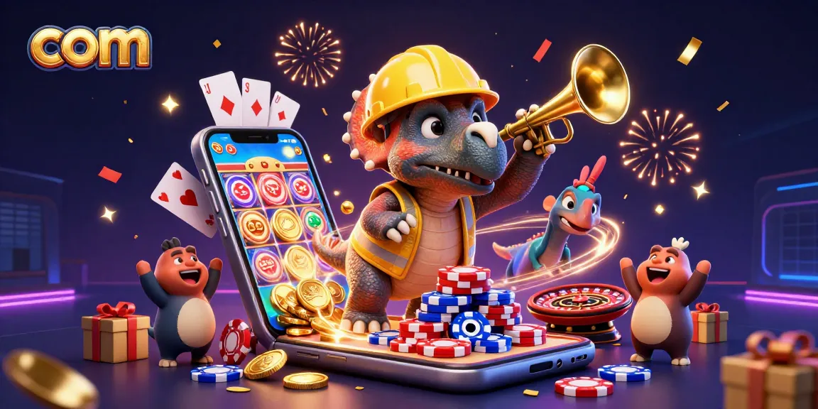 Celebrate wins at com with a lively 3D casino scene featuring game elements and characters.