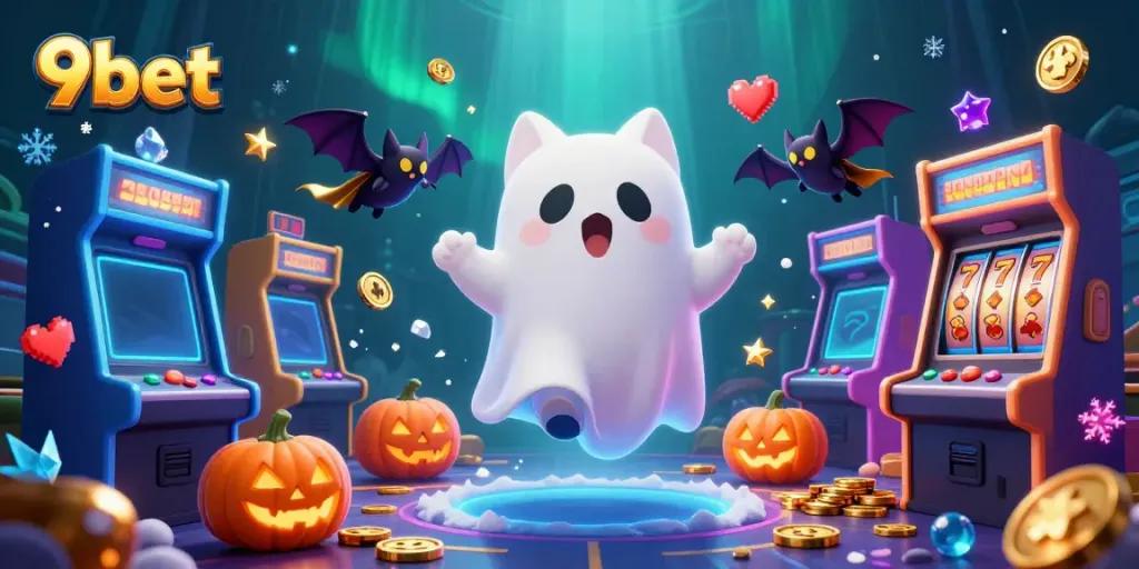 Experience thrilling games and jackpots at 9bet, with a playful ghost cat in a vibrant casino scene.