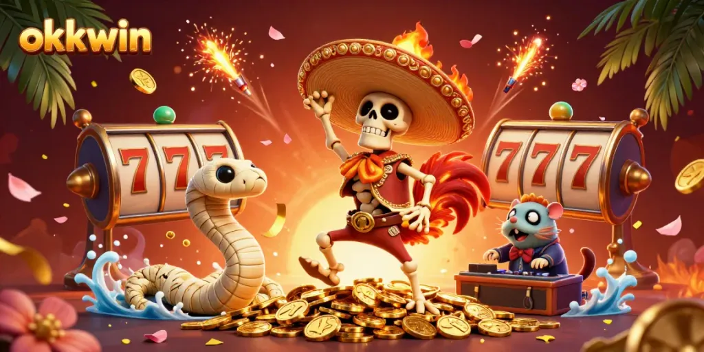 Join the fun at okkwin with a lively 3D scene featuring casino-themed characters and elements.