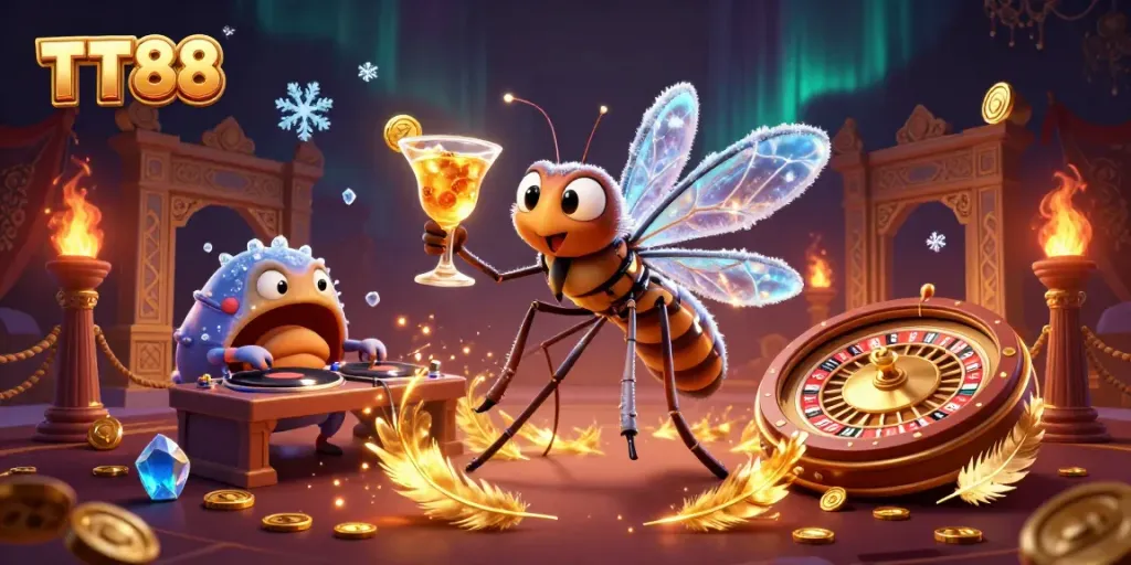 Experience thrilling gameplay at TT88 with a vibrant casino scene featuring animated mascots and gaming elements.