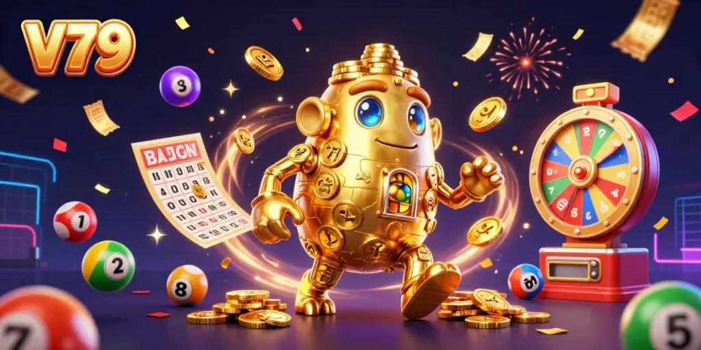 V79 interactive gaming experience features a golden golem and vibrant lottery elements in a lively casino scene.