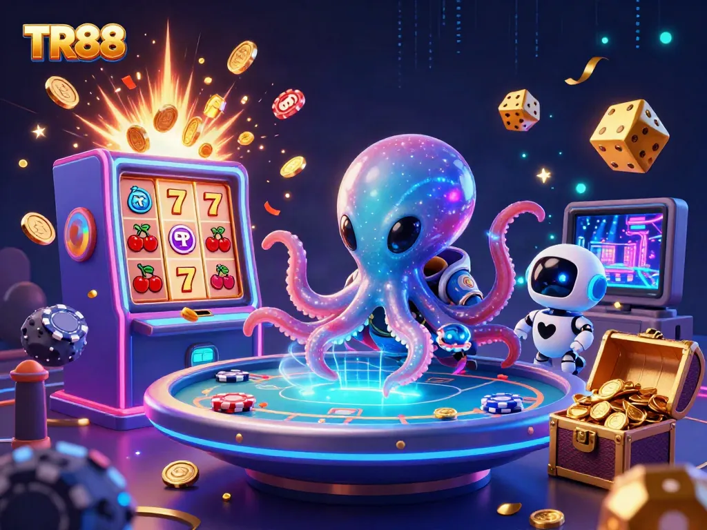Experience the excitement of TR88 with a vibrant alien octopus playing holographic poker amidst jackpot light bursts and flying coins.