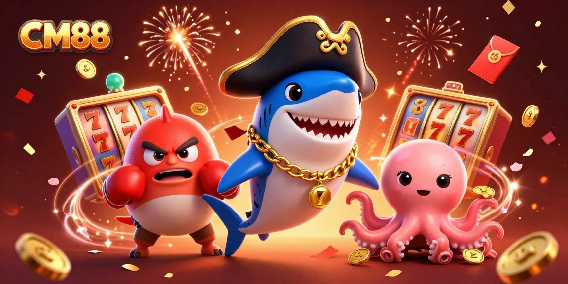 Experience thrilling gameplay with CM88 featuring a cartoon pirate shark and friends celebrating wins.