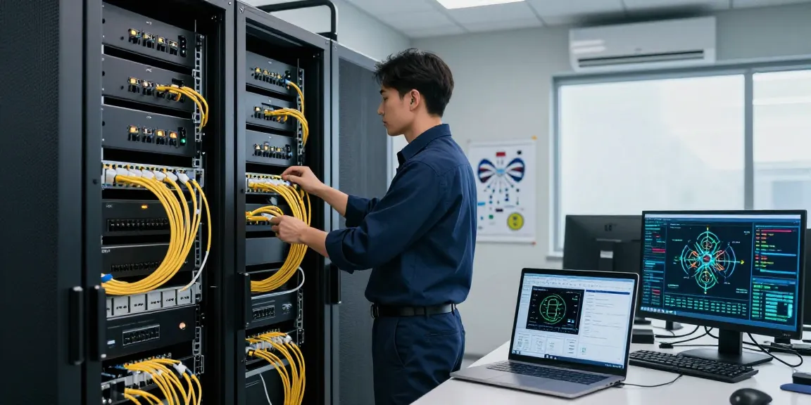Fiber optic cables in a modern data center with IT professional managing network connectivity and performance.