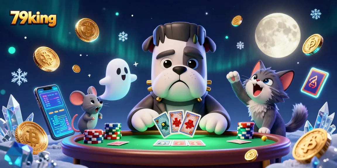 Experience gaming excitement with 79king as a Frankenstein bulldog deals cards in a crypto-themed casino.