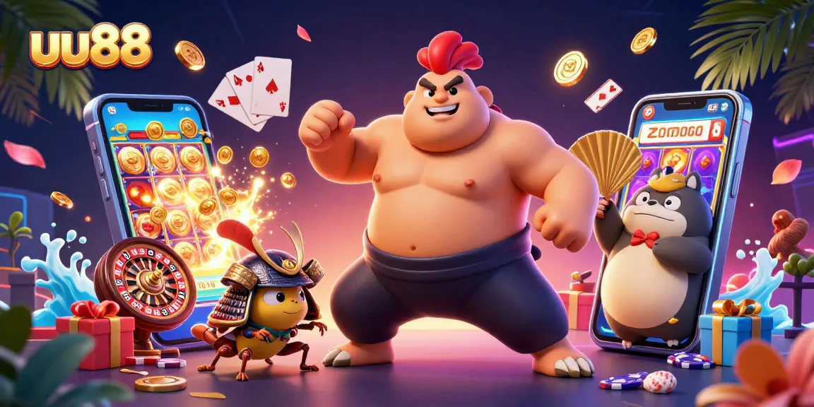 uu88 showcases an epic clash between sumo wrestler and fierce cricket against a backdrop of thrilling slot games.
