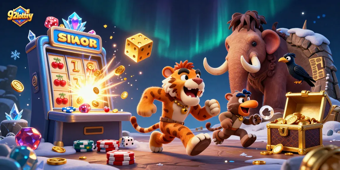 Experience thrilling action at 92lottery with a vibrant prehistoric casino scene featuring unique game elements.