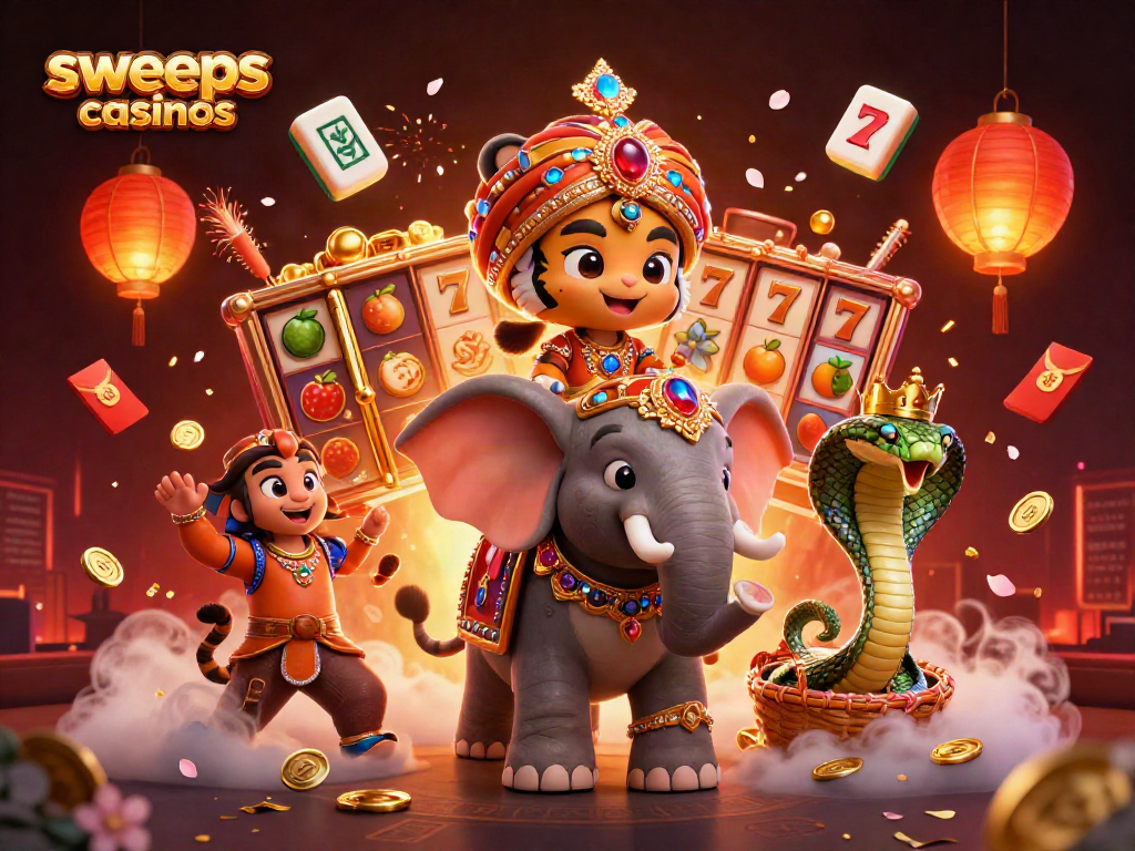 Experience excitement at sweeps casinos with a tiger maharaja and vibrant slot elements.