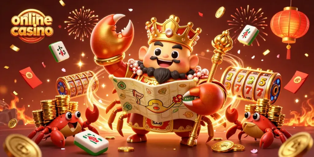 Experience the excitement of an online casino with a vibrant scene showcasing a golden crab emperor replete with gaming elements.