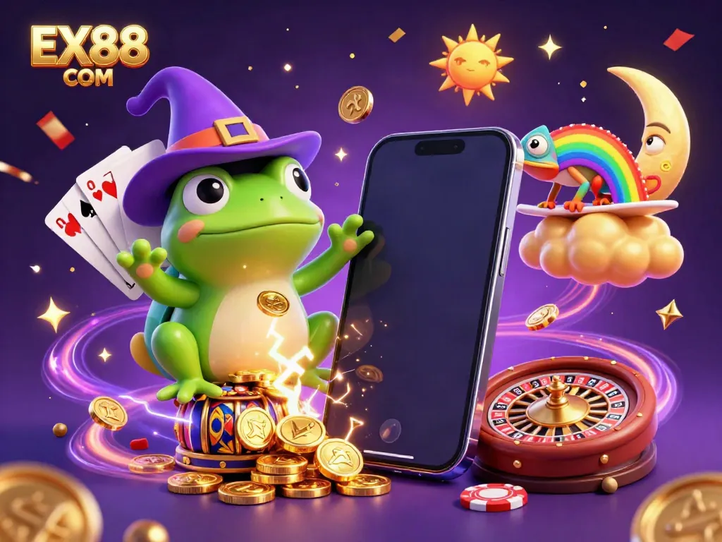 Spin and win with EX88 COM at a vibrant online casino featuring golden coins and dynamic characters.